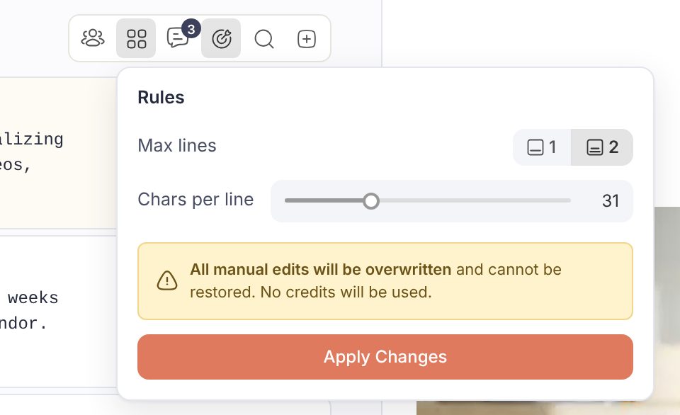 The Rules popover after a change, showing the All manual edits will be overwritten warning and the red Apply Changes button