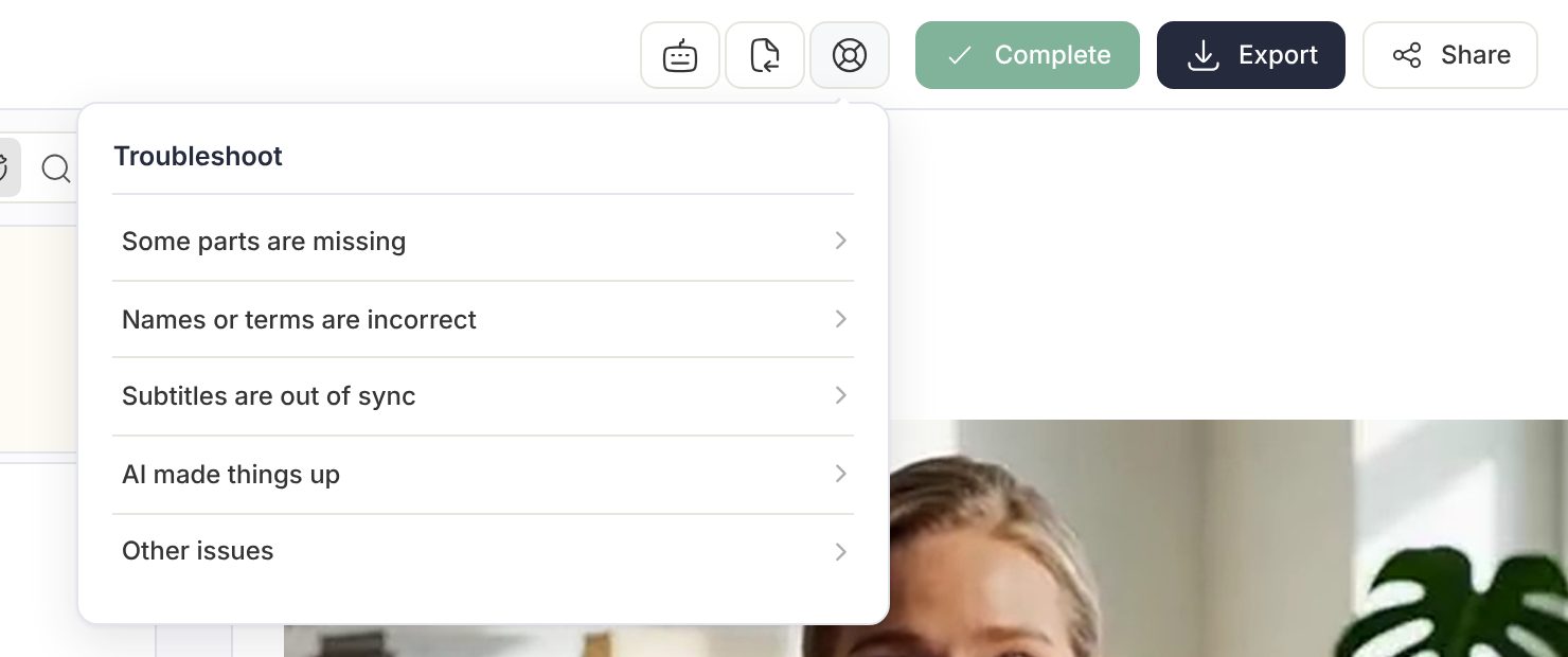 The Troubleshoot menu open in the top bar of a caption track, listing Some parts are missing, Names or terms are incorrect, Subtitles are out of sync, AI made things up and Other issues