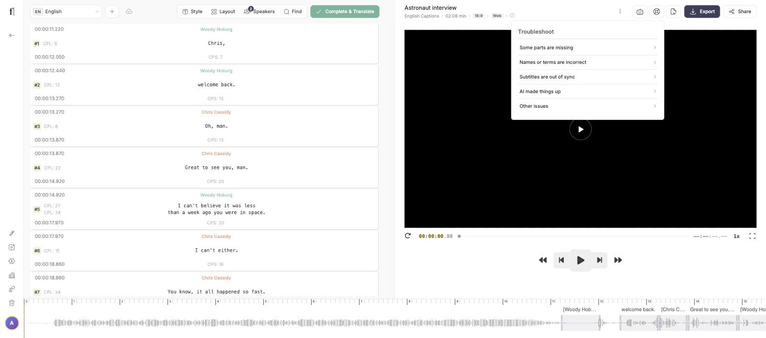 Troubleshoot menu open in the editor top bar, listing the issue types
