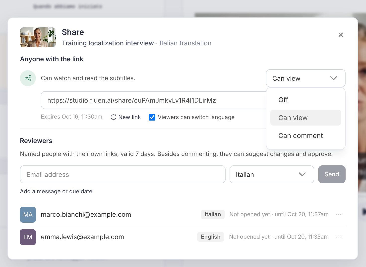 The Share dialog with Anyone with the link set by a menu showing Off, Can view and Can comment, and below it the link field, Copy link, the expiry date and New link