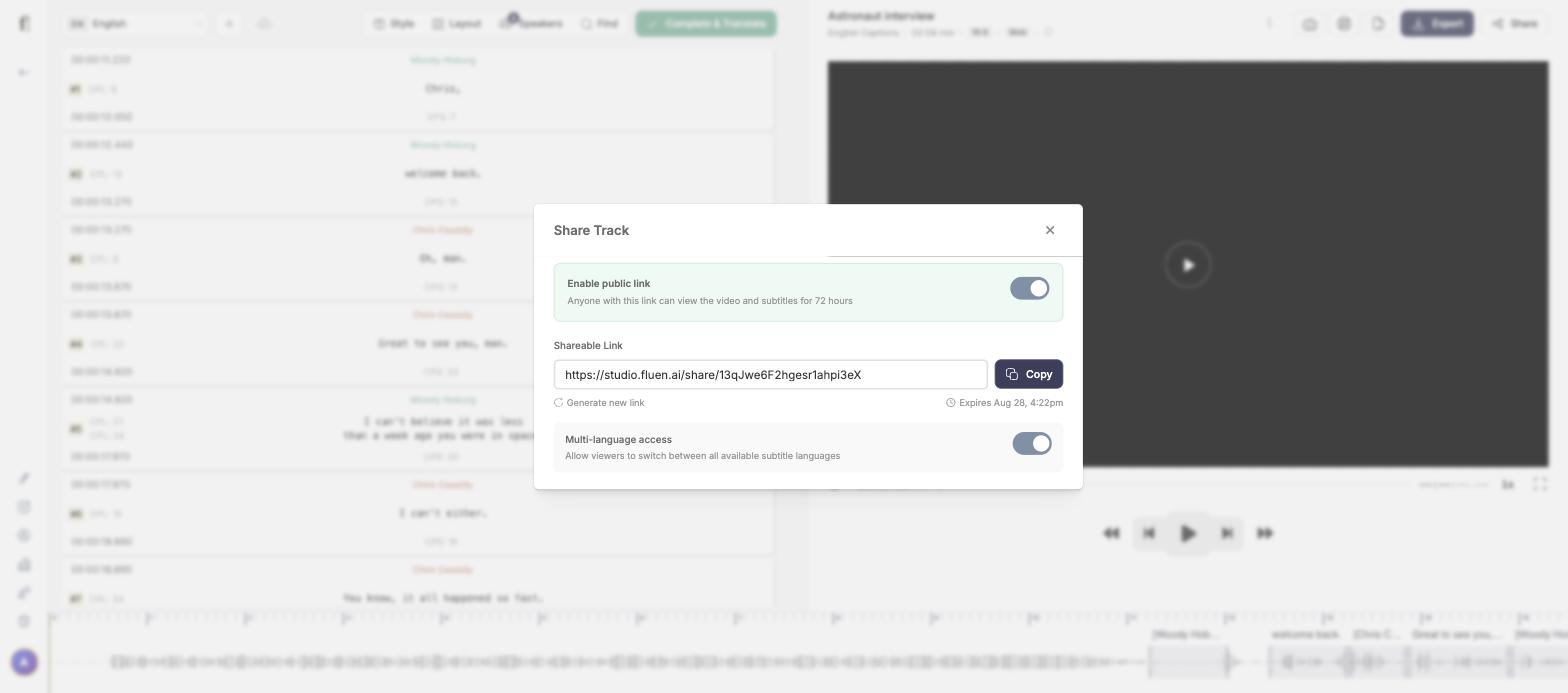 Share Track dialog with Enable public link on, the Shareable Link field, Copy, Generate new link, and the expiry date