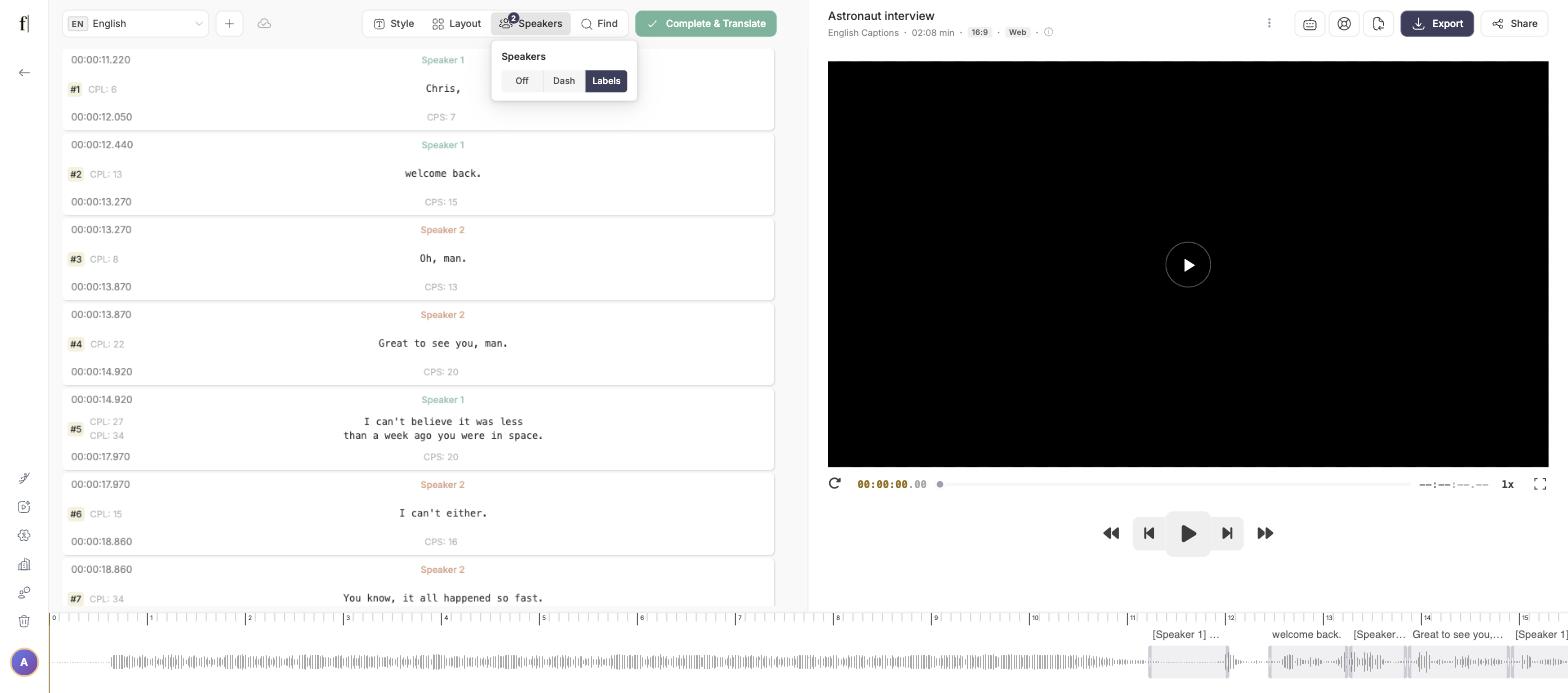 Editor toolbar with the Speakers popover open showing Off, Dash and Labels