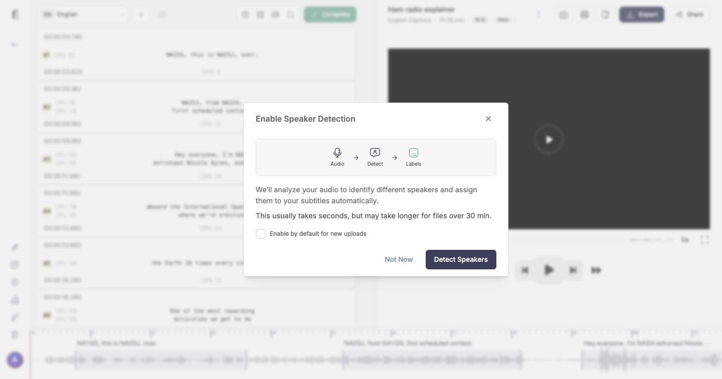 The Enable Speaker Detection dialog with the Detect Speakers button