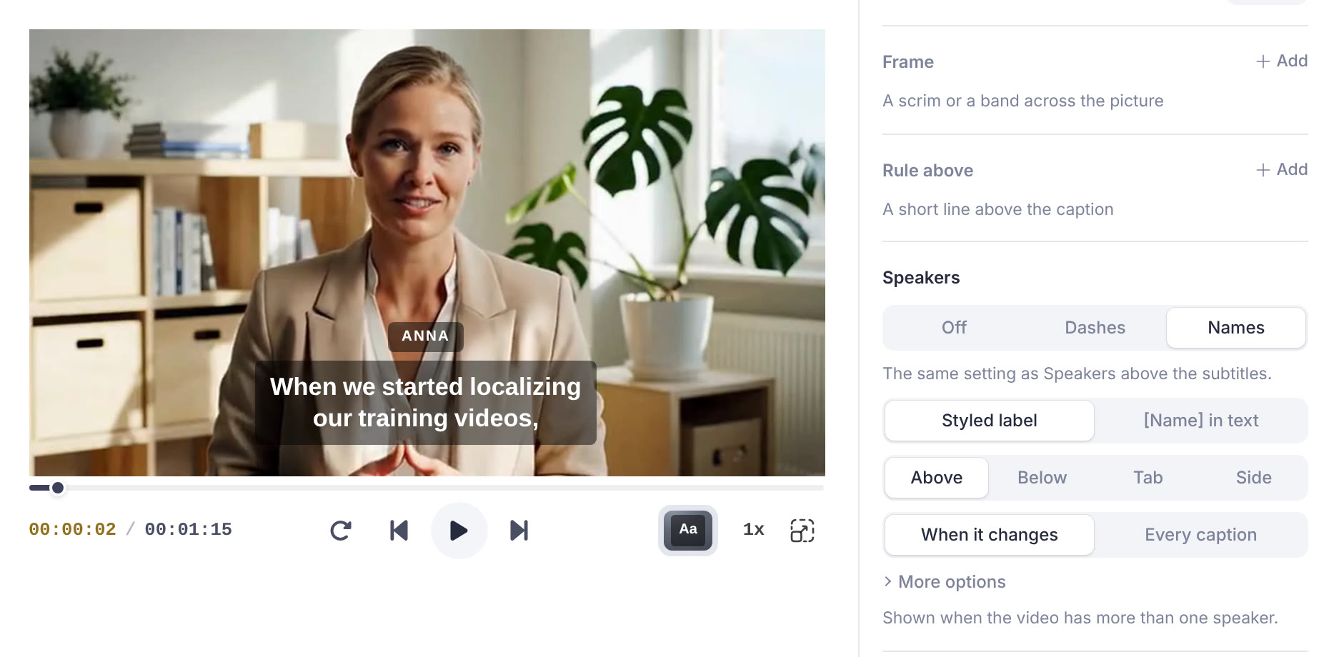 A caption on the video with the speaker name Anna drawn as a small label above it, next to the Speakers section of the Customize tab with Names, Styled label, Above and When it changes selected