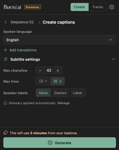 The Fluen panel's Create captions screen with spoken language, line settings, and speaker label options