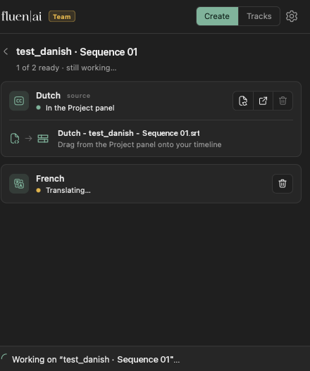 The Fluen panel with translation jobs in progress