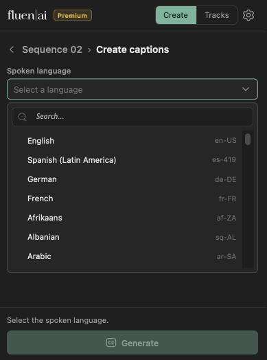 The Fluen panel's spoken language picker listing supported languages