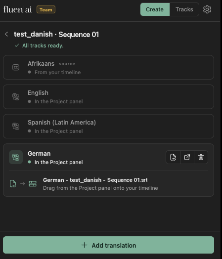The Fluen panel showing one sequence with caption tracks in four languages, ready to drag onto the timeline