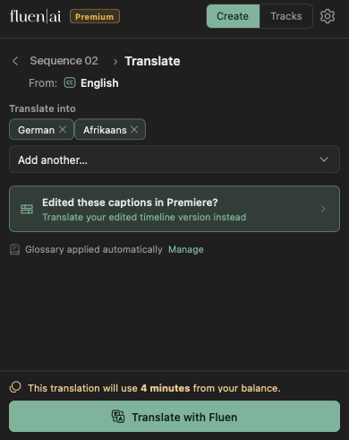 The Fluen panel's Translate screen with multiple target languages selected
