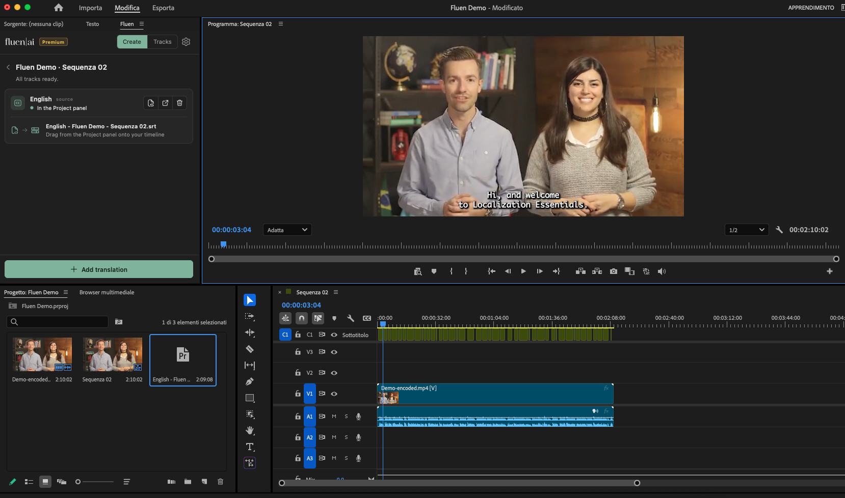 The Fluen panel docked in Adobe Premiere Pro, with a captioned sequence on the timeline