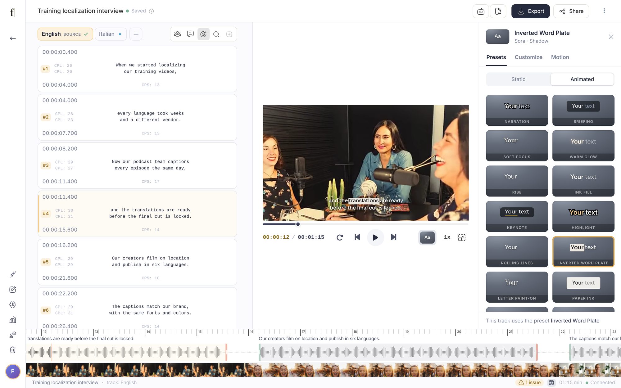 Caption style panel with animated presets and a dynamic caption on the video