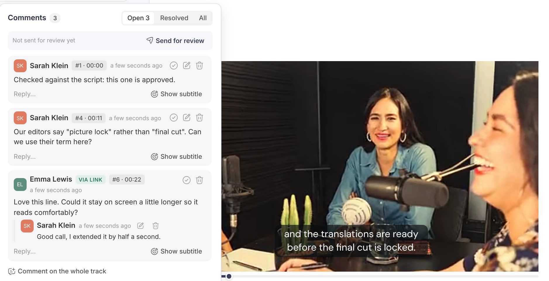The subtitle editor with the Comments panel open: comments pinned to subtitles, a note from an outside reviewer through a share link with a team reply, and the Send for review bar