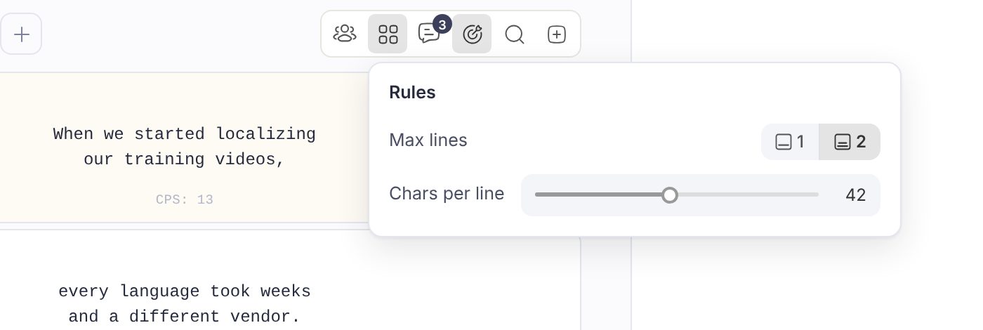 Rules panel with maximum lines and characters per line