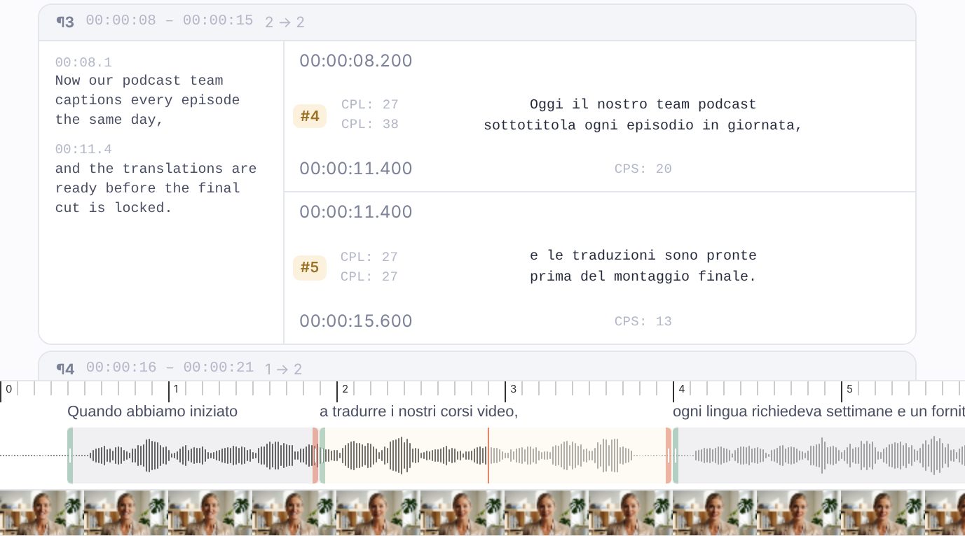 Subtitle list and timeline with video frames in the Fluen editor