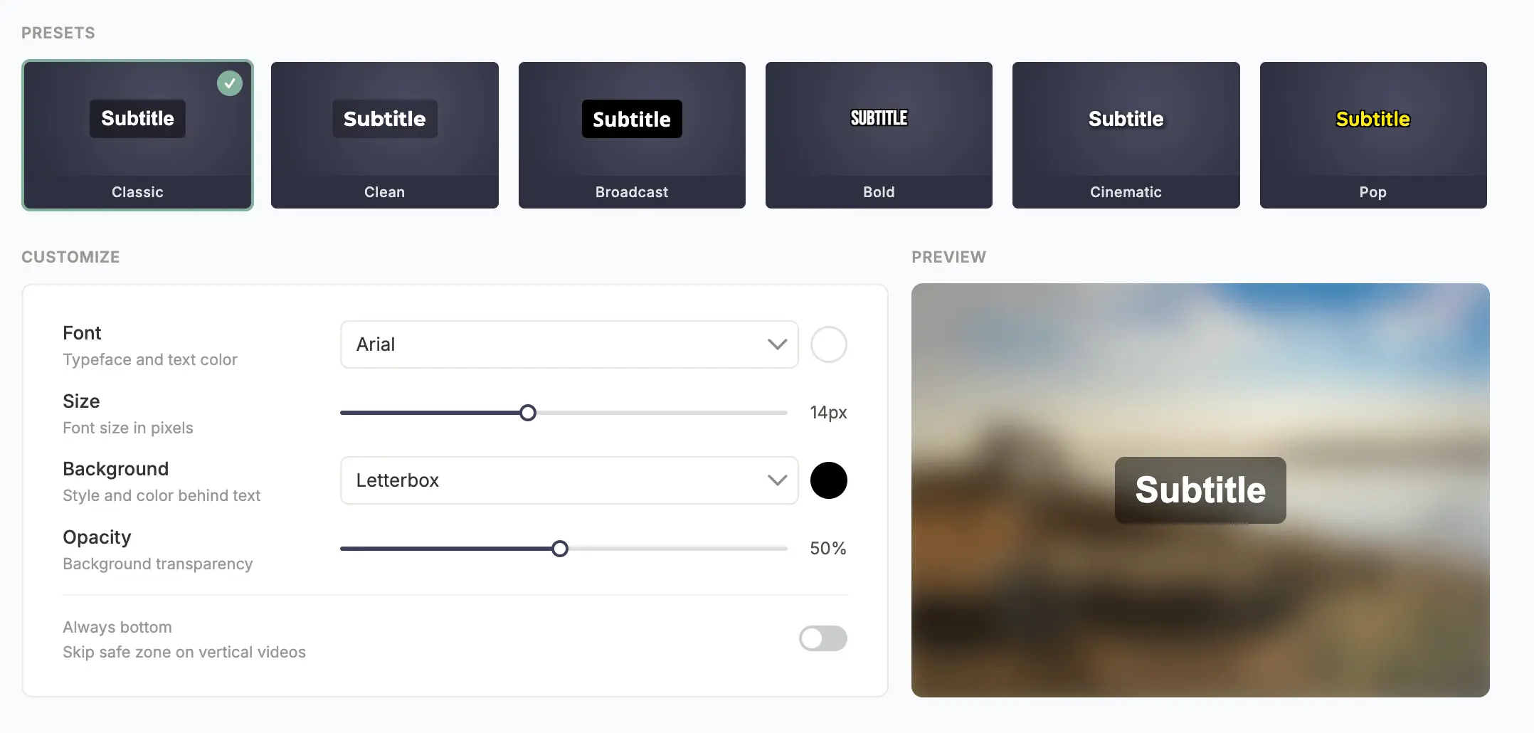 Subtitle style presets and format panel